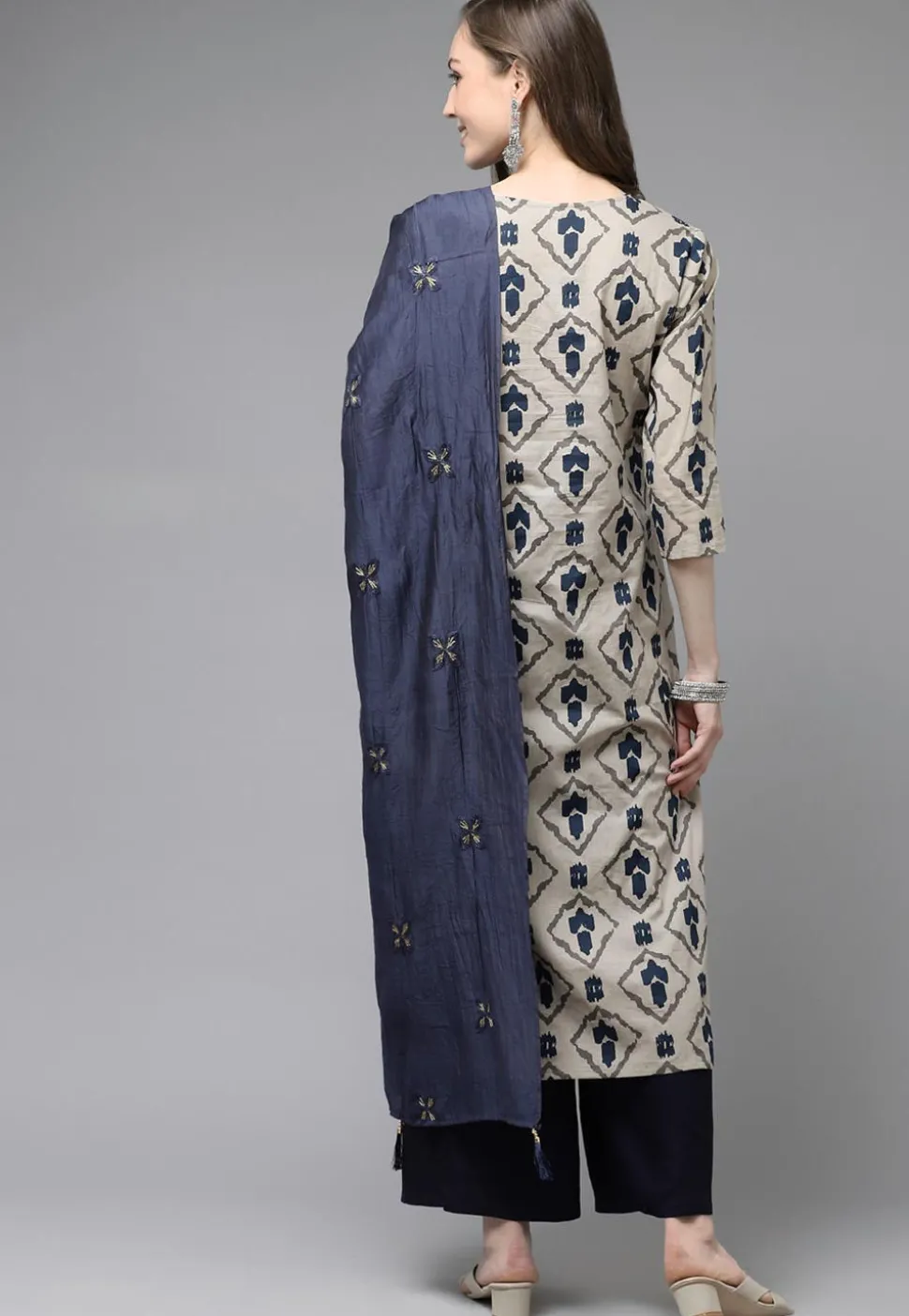 Printed Pure Cotton Pakistani Suit in Light Beige