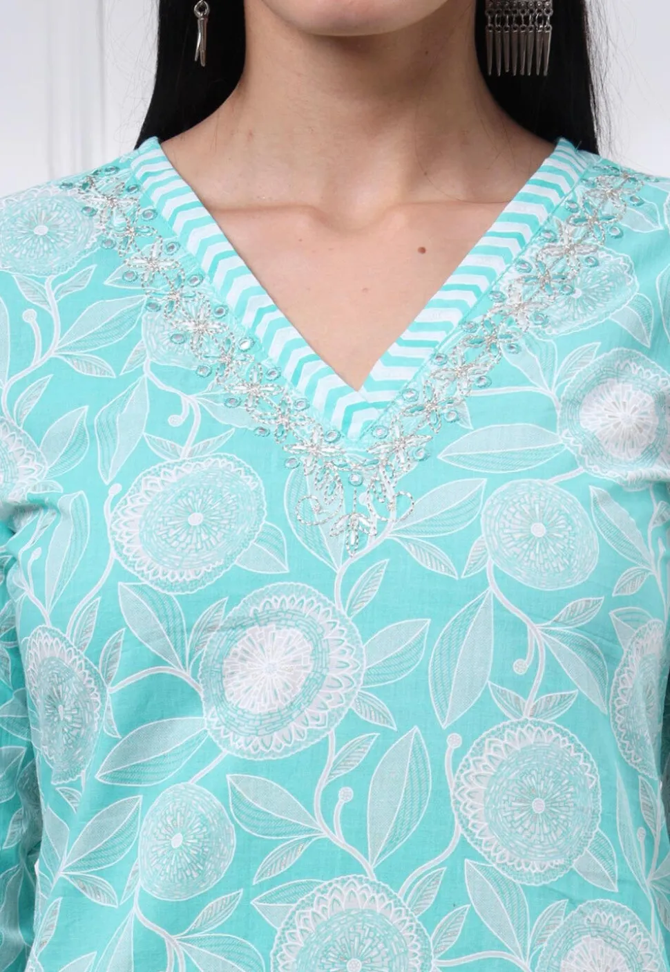 Printed Pure Cotton Pakistani Suit in Sea Green