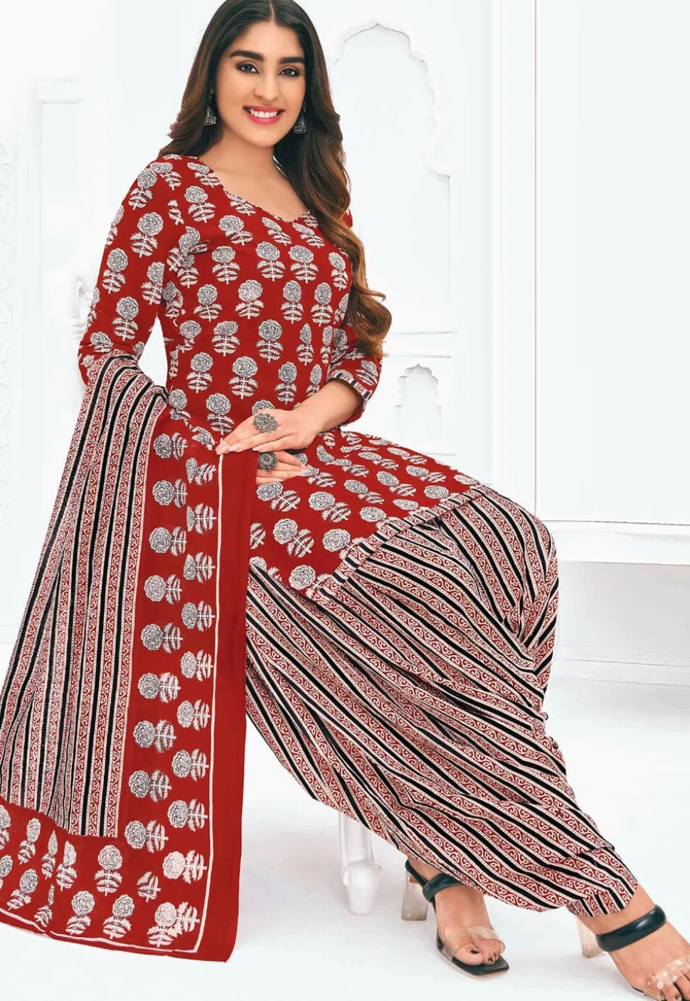 Printed Pure Cotton Punjabi Suit in Maroon