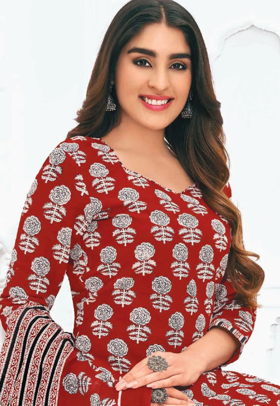 Printed Pure Cotton Punjabi Suit in Maroon
