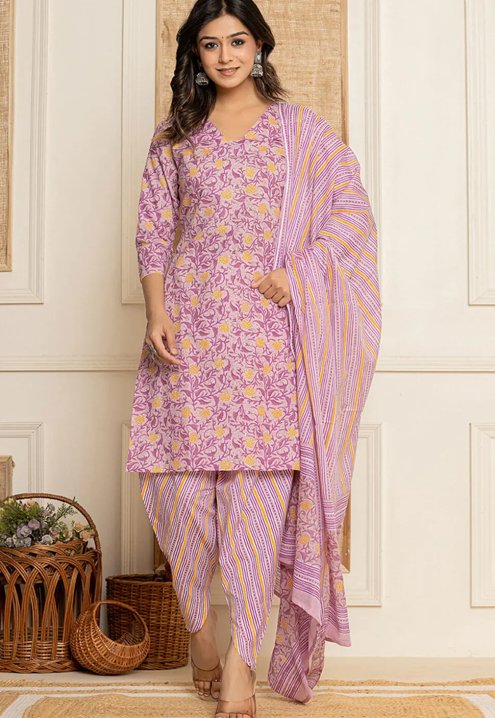 Printed Pure Cotton Punjabi Suit in Light Purple