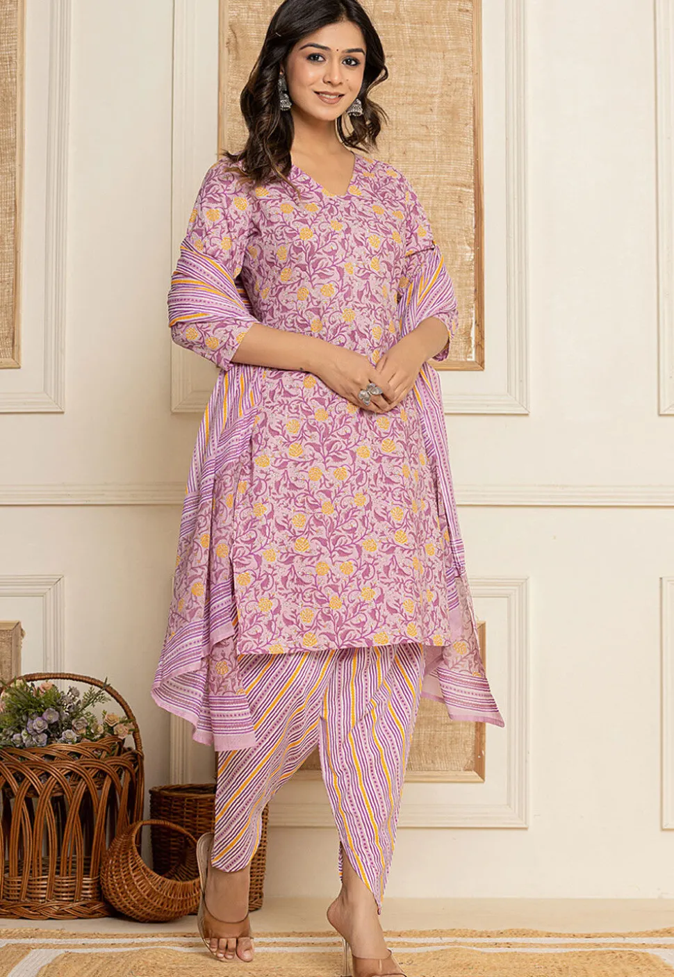 Printed Pure Cotton Punjabi Suit in Light Purple