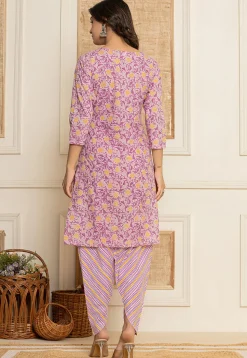Printed Pure Cotton Punjabi Suit in Light Purple
