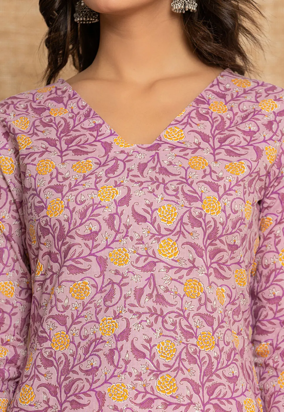 Printed Pure Cotton Punjabi Suit in Light Purple