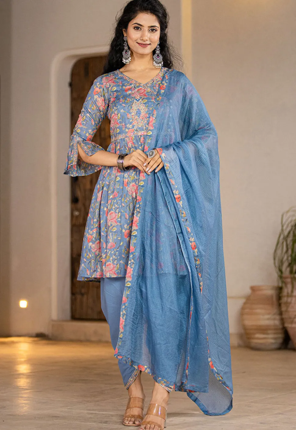 Printed Pure Cotton Punjabi Suit in Blue