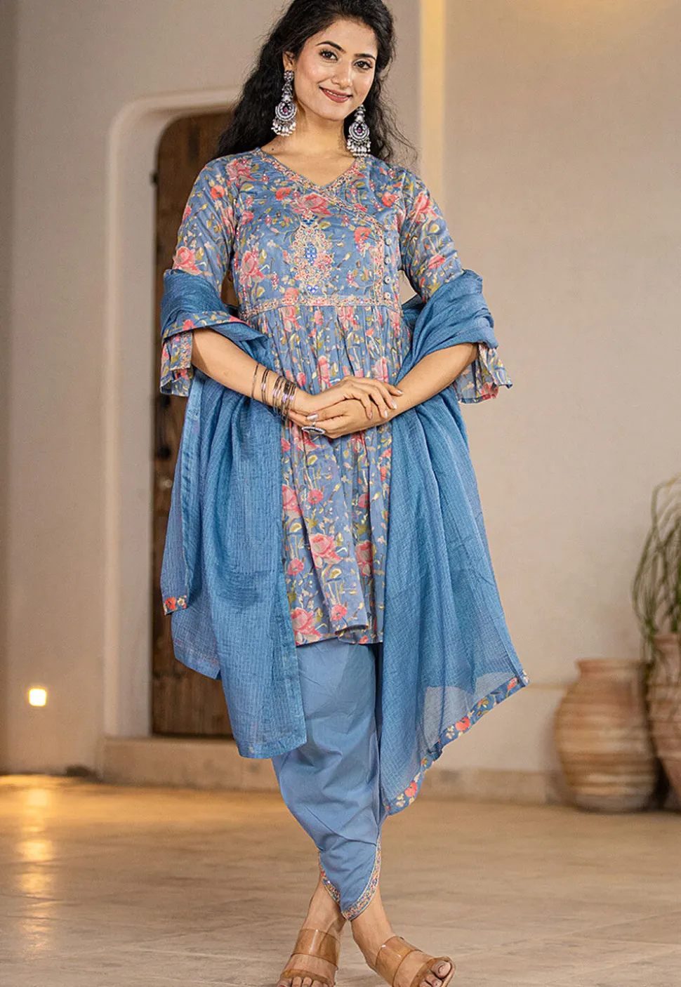 Printed Pure Cotton Punjabi Suit in Blue