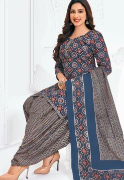 Printed Pure Cotton Punjabi Suit in Navy Blue