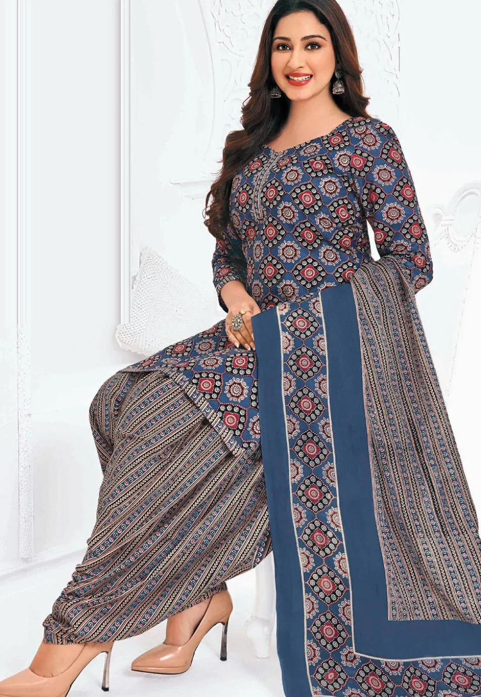 Printed Pure Cotton Punjabi Suit in Navy Blue