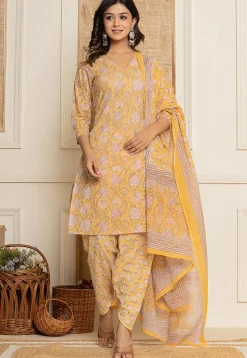 Printed Pure Cotton Punjabi Suit in Yellow