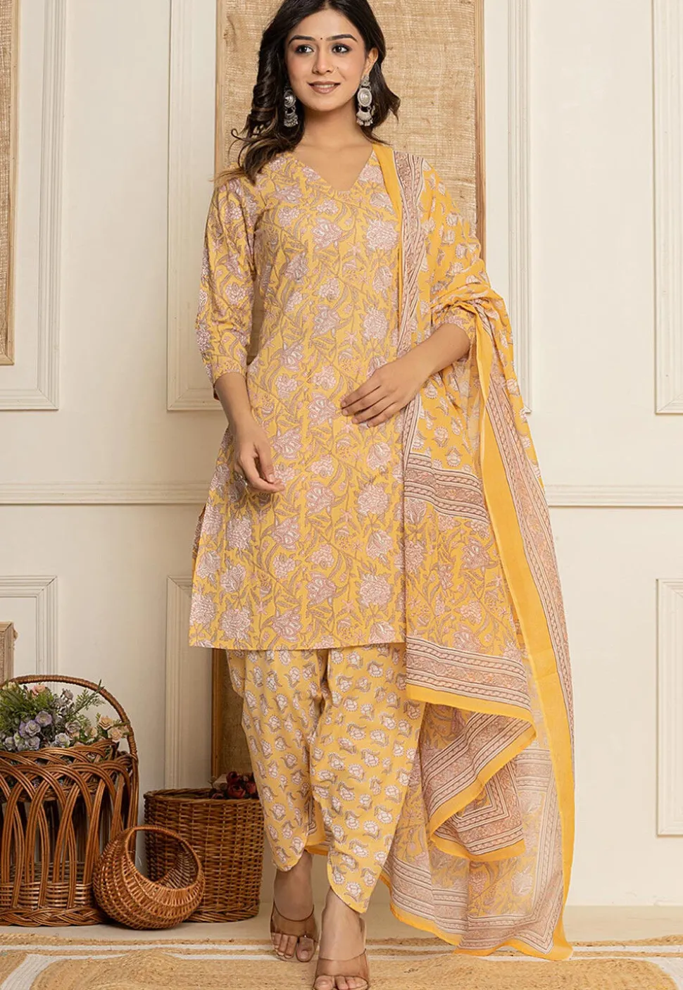 Printed Pure Cotton Punjabi Suit in Yellow