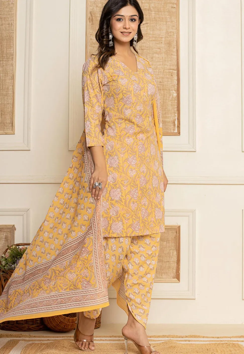 Printed Pure Cotton Punjabi Suit in Yellow