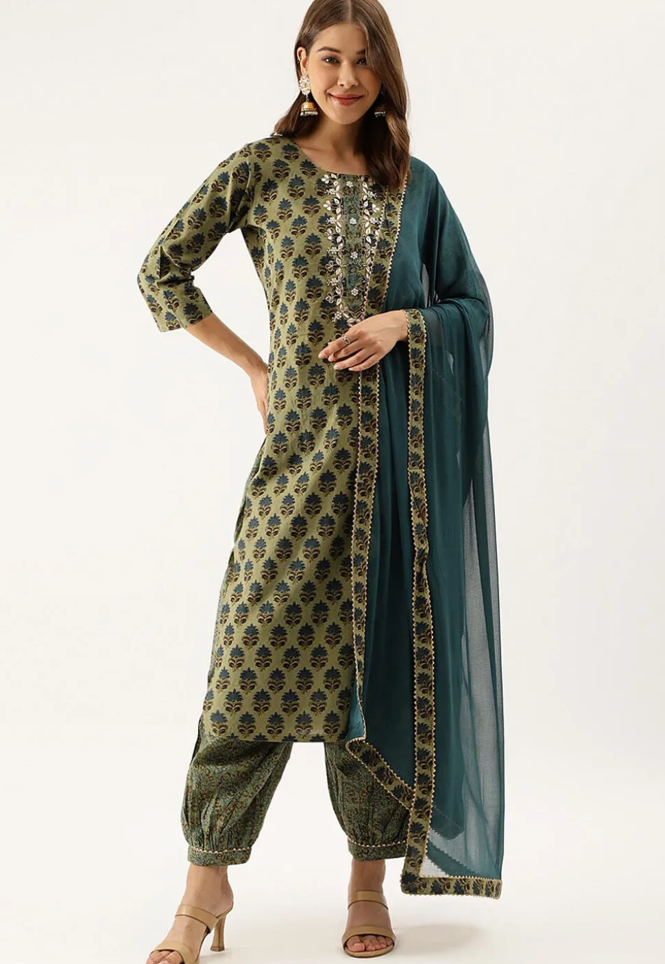 Printed Pure Cotton Punjabi Suit in Green