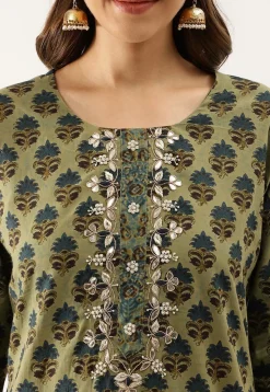 Printed Pure Cotton Punjabi Suit in Green