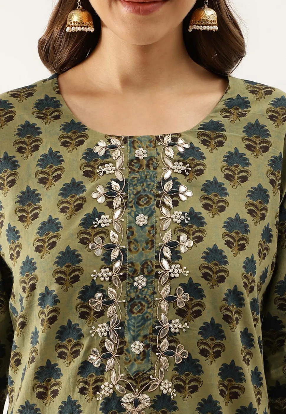 Printed Pure Cotton Punjabi Suit in Green