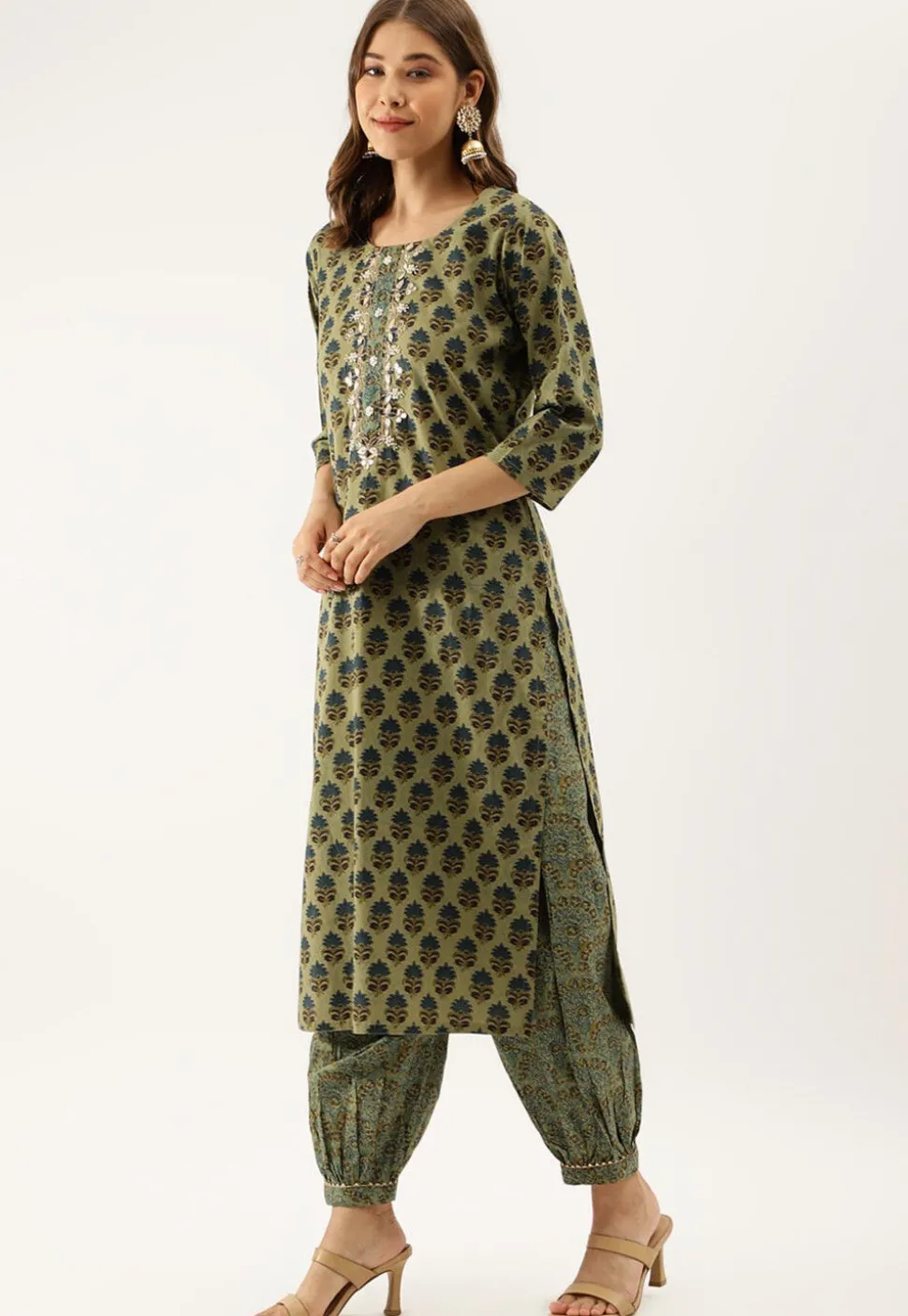 Printed Pure Cotton Punjabi Suit in Green