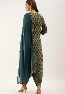 Printed Pure Cotton Punjabi Suit in Green