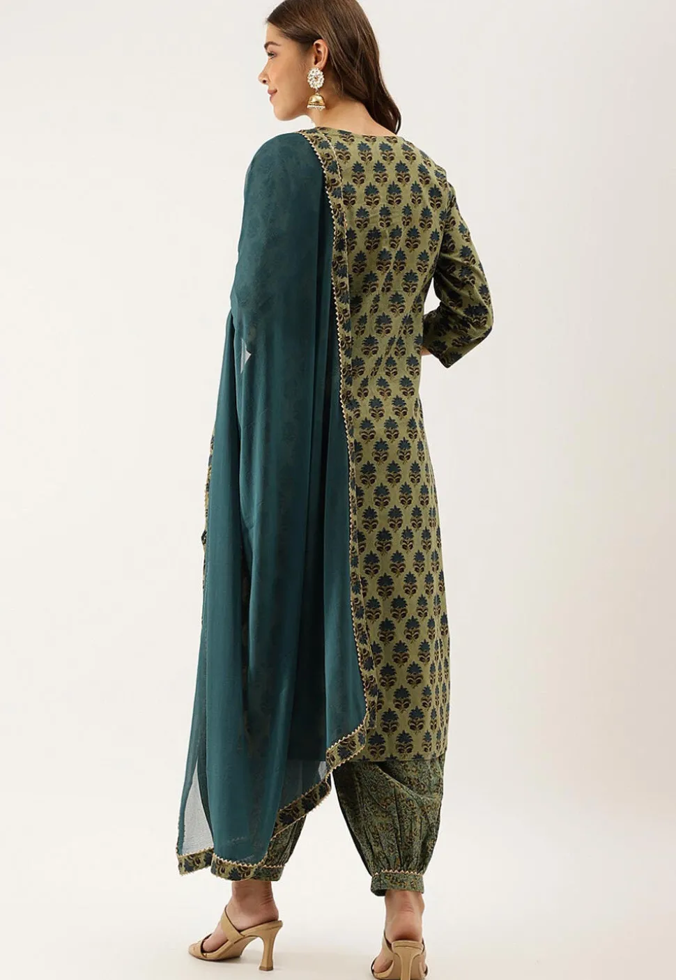 Printed Pure Cotton Punjabi Suit in Green