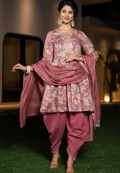 Printed Pure Cotton Punjabi Suit in Old Rose