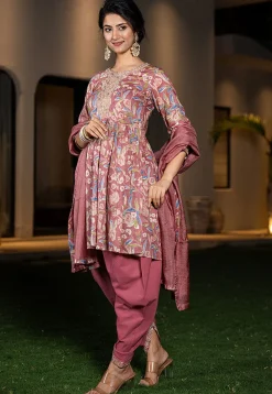Printed Pure Cotton Punjabi Suit in Old Rose