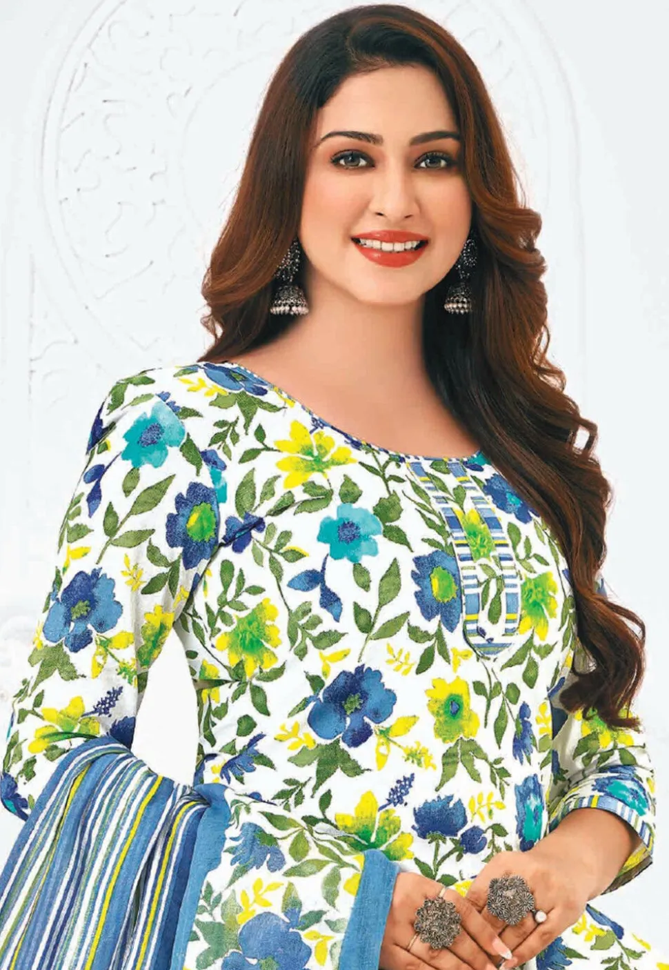 Printed Pure Cotton Punjabi Suit in White