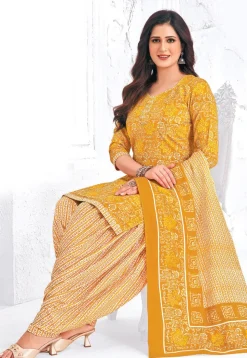 Printed Pure Cotton Punjabi Suit in Yellow
