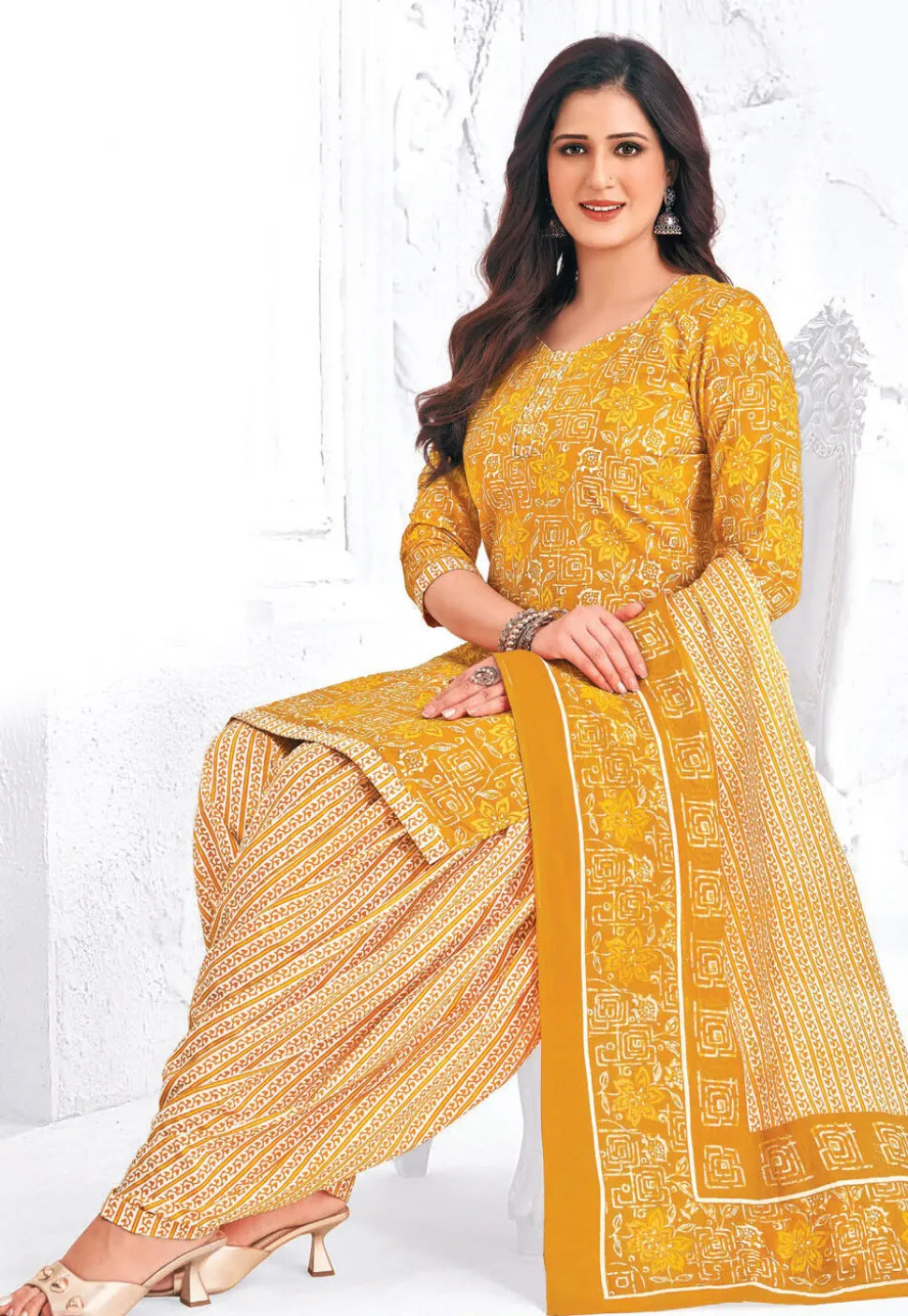 Printed Pure Cotton Punjabi Suit in Yellow