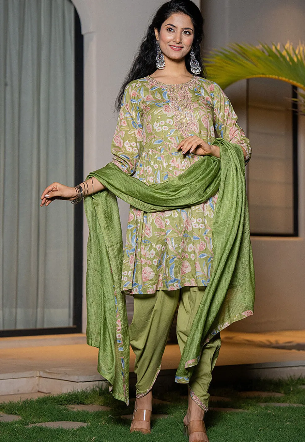 Printed Pure Cotton Punjabi Suit in Dusty Green