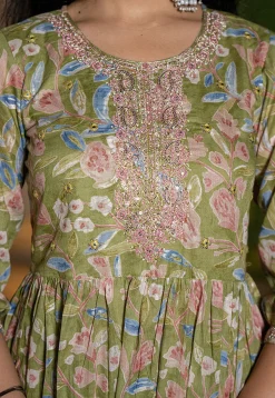Printed Pure Cotton Punjabi Suit in Dusty Green