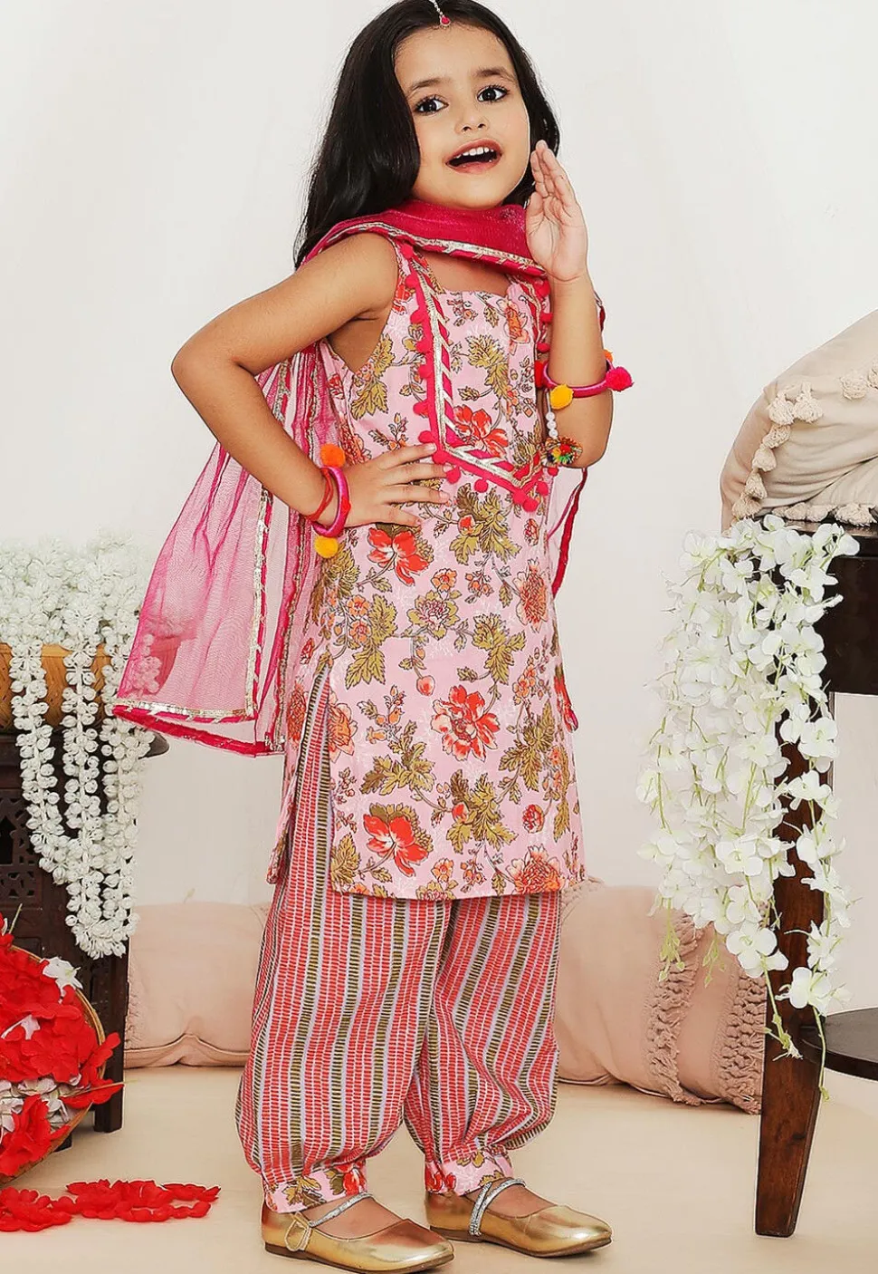 Printed Pure Cotton Punjabi Suit in Light Pink