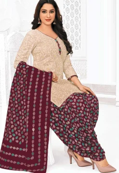 Printed Pure Cotton Punjabi Suit in Light Beige