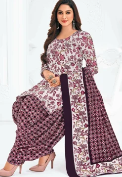 Printed Pure Cotton Punjabi Suit in Off White