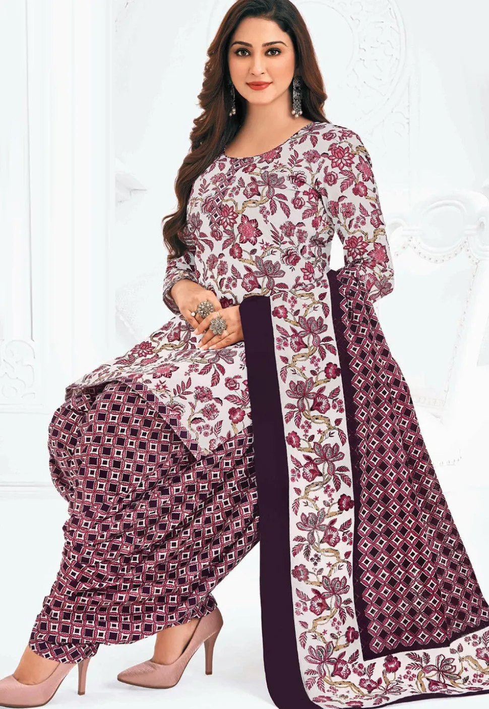 Printed Pure Cotton Punjabi Suit in Off White