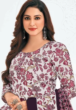 Printed Pure Cotton Punjabi Suit in Off White