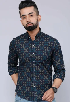 Printed Pure Cotton Shirt in Dark Blue