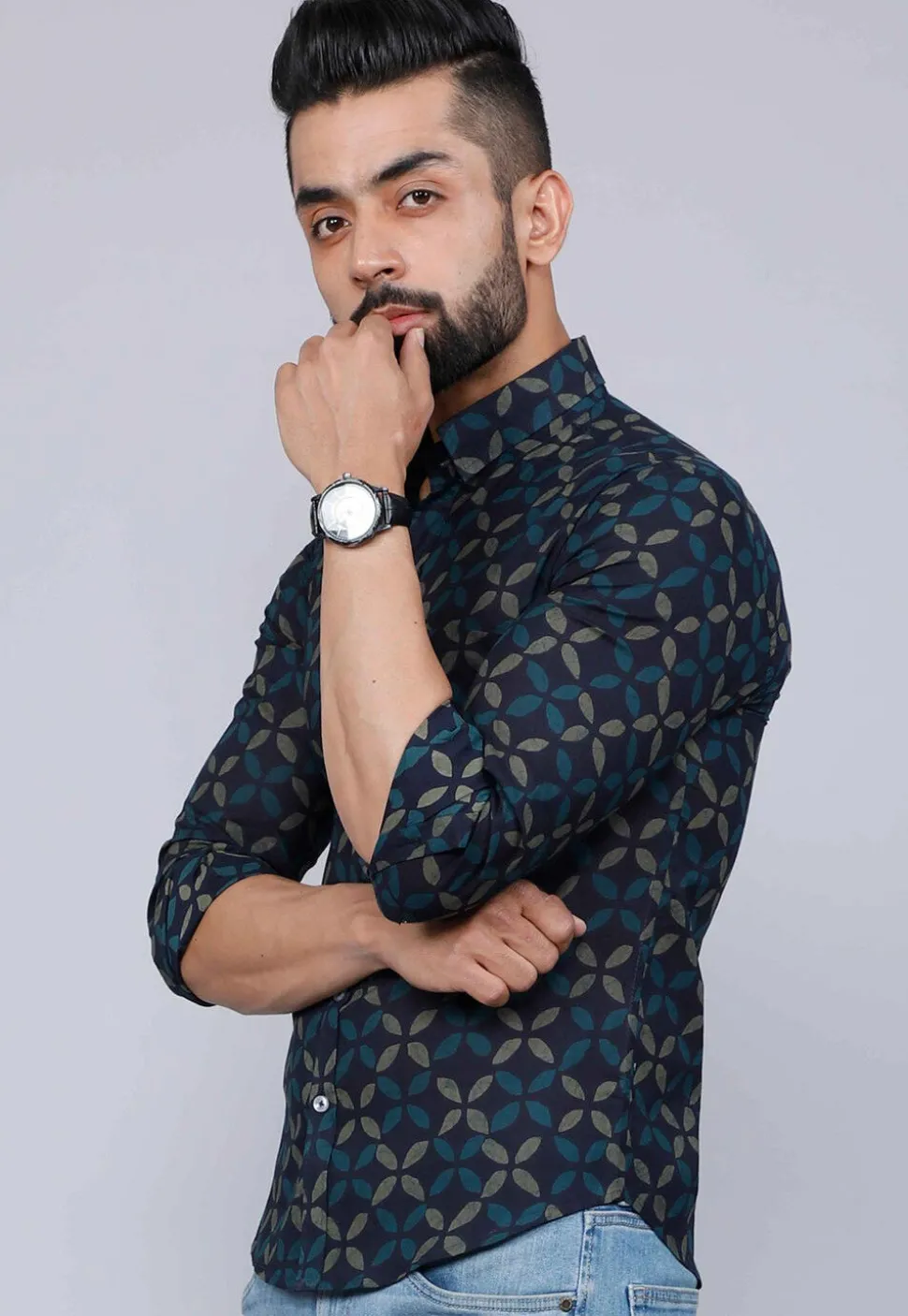 Printed Pure Cotton Shirt in Dark Blue