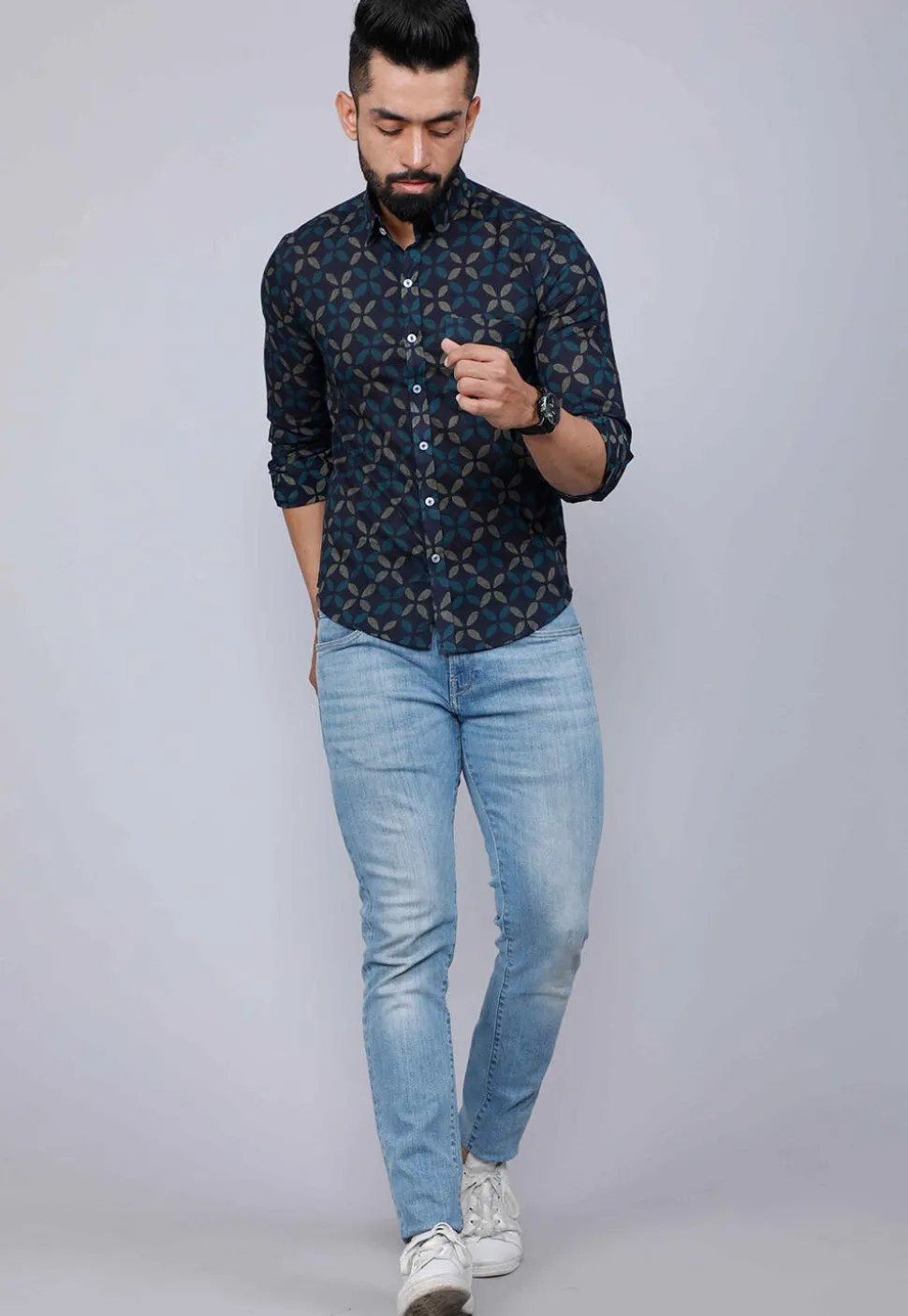 Printed Pure Cotton Shirt in Dark Blue