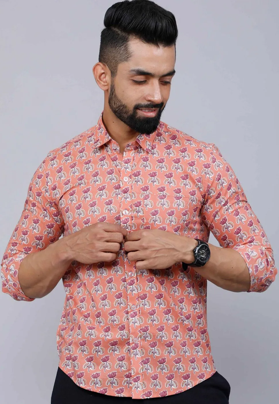 Printed Pure Cotton Shirt in Peach