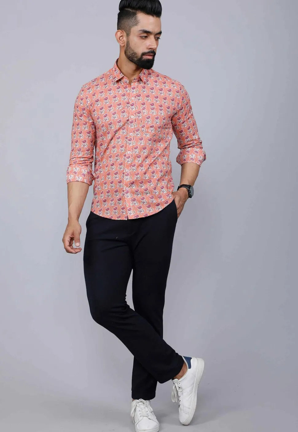 Printed Pure Cotton Shirt in Peach
