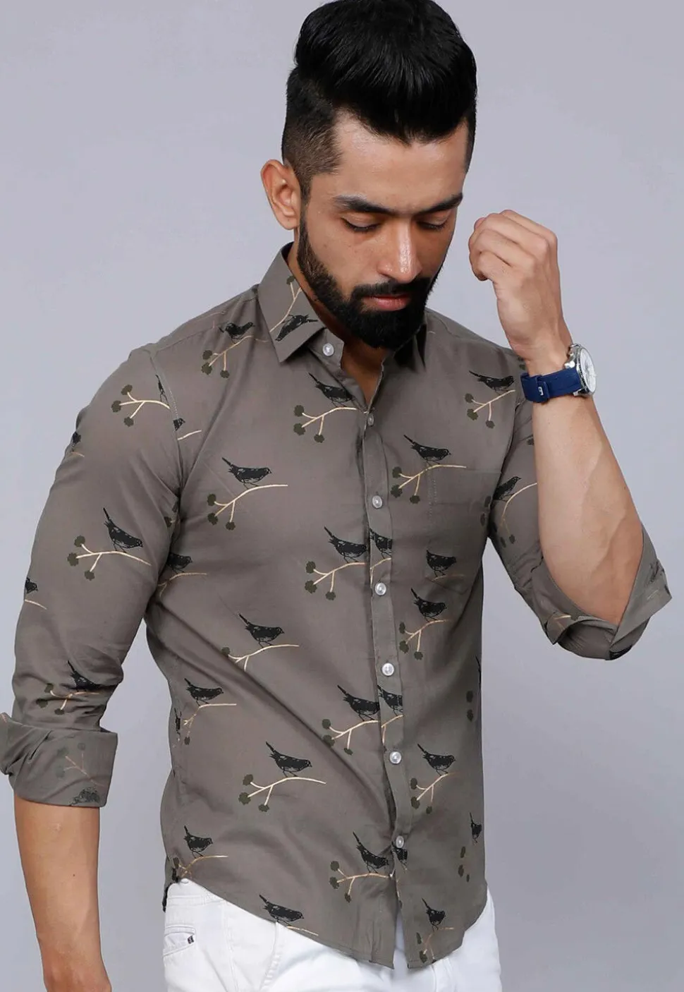 Printed Pure Cotton Shirt in Dark Grey