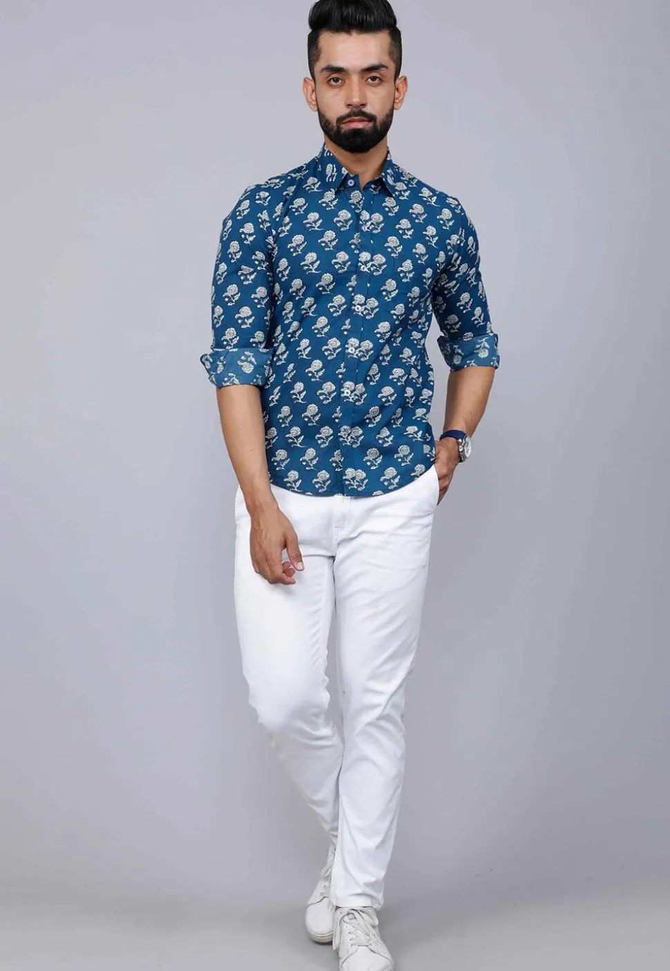 Printed Pure Cotton Shirt in Blue