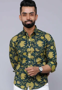 Printed Pure Cotton Shirt in Teal Blue