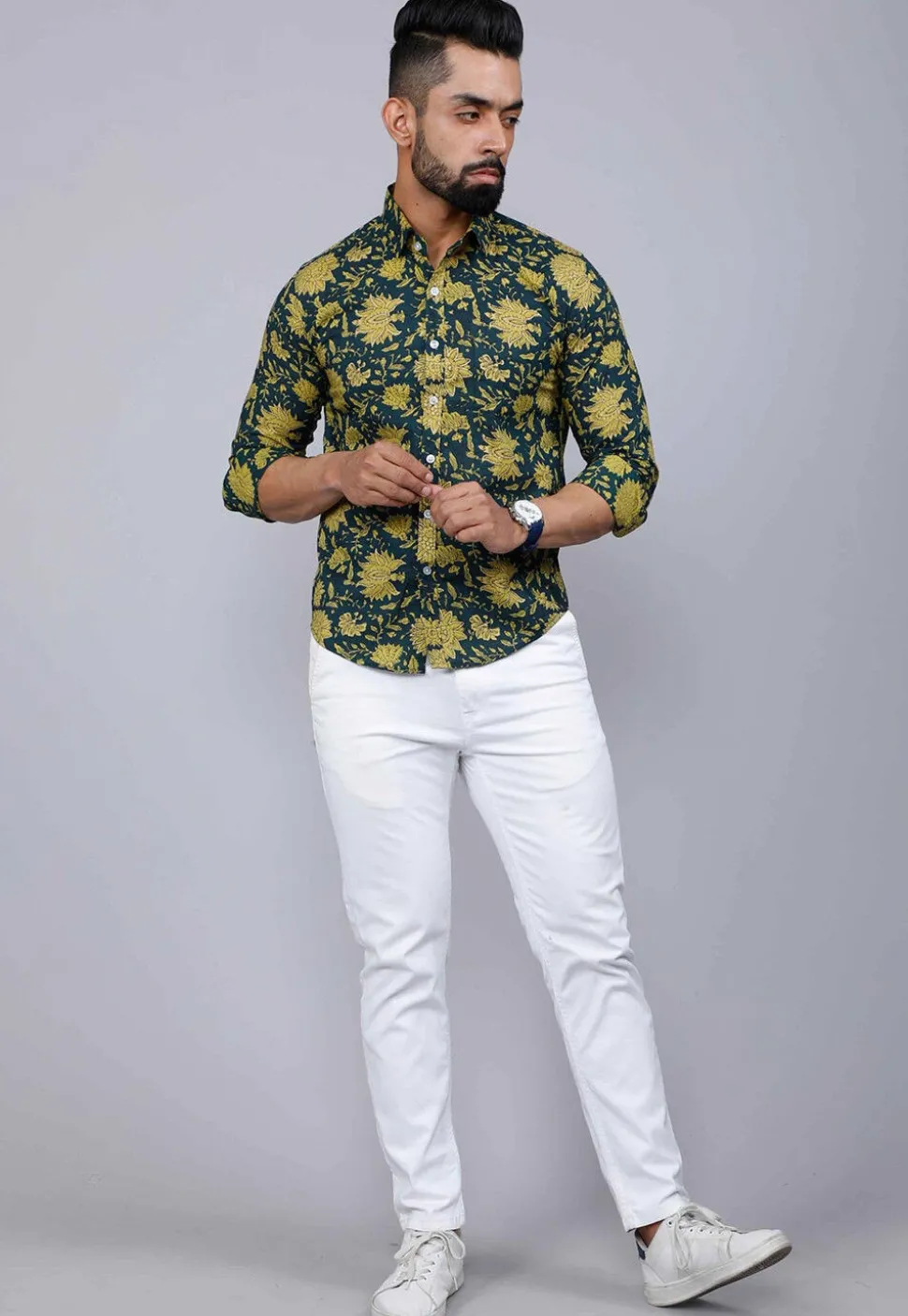 Printed Pure Cotton Shirt in Teal Blue