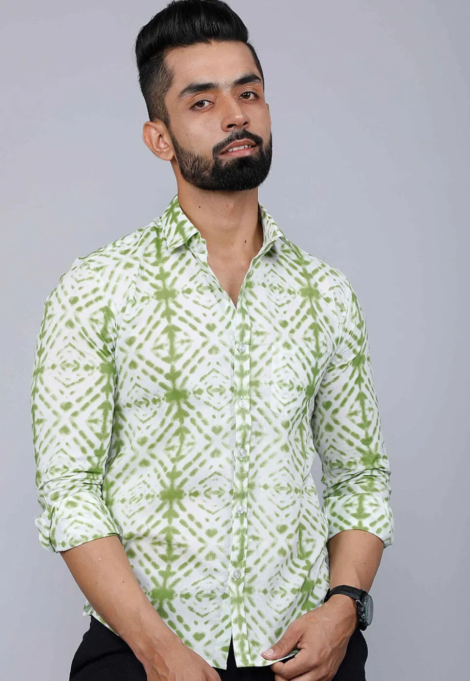 Printed Pure Cotton Shirt in White and Green