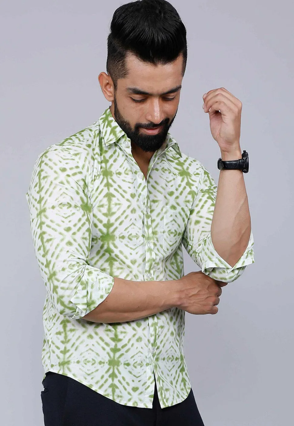 Printed Pure Cotton Shirt in White and Green