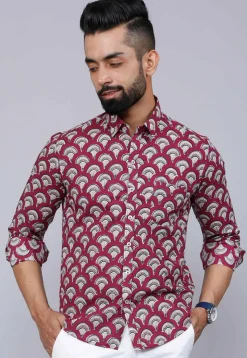 Printed Pure Cotton Shirt in Maroon