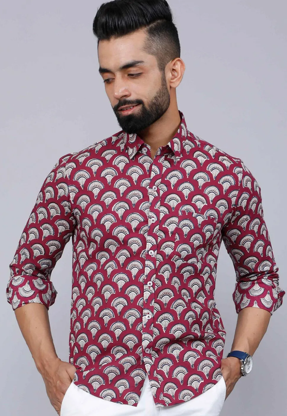 Printed Pure Cotton Shirt in Maroon