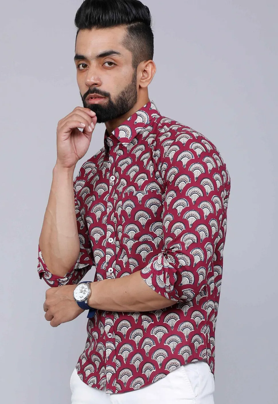 Printed Pure Cotton Shirt in Maroon
