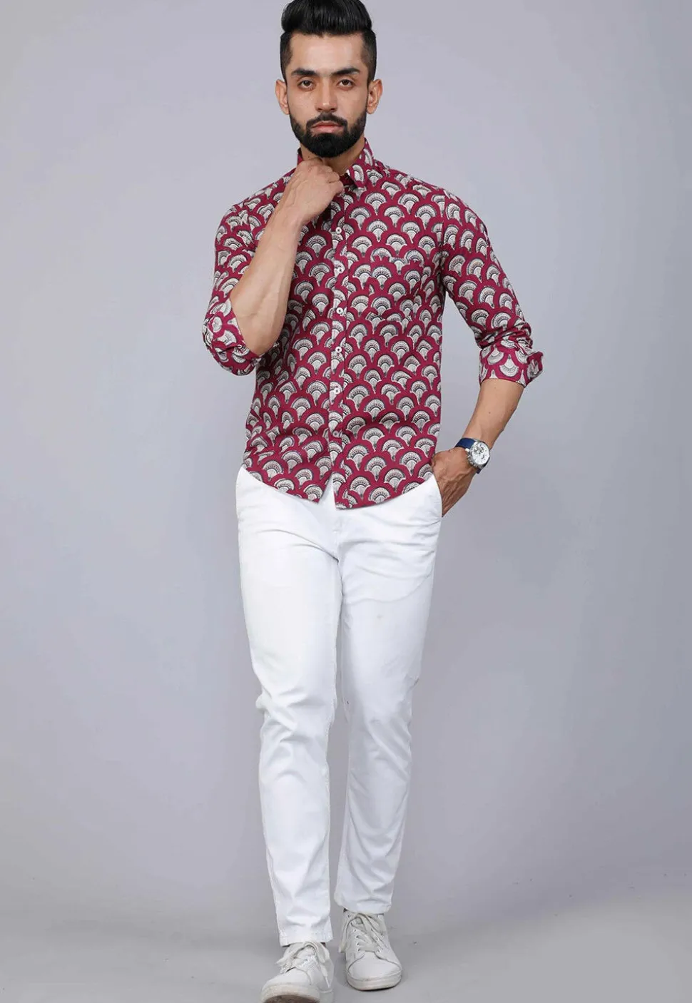 Printed Pure Cotton Shirt in Maroon