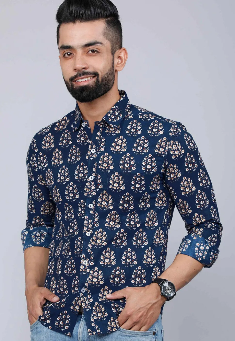 Printed Pure Cotton Shirt in Blue