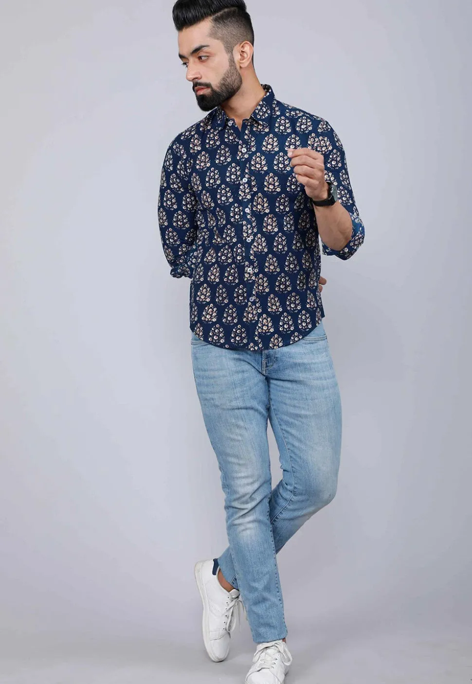 Printed Pure Cotton Shirt in Blue
